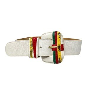 Vintage Carlos Falchi White Calfskin Leather Wide Belt w/ Snakeskin Design